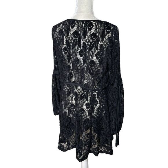 FREE PEOPLE Size M Ruby Black Lace Mini Dress Long Sleeve Sheer Fit Flare - Picture 3 of 12